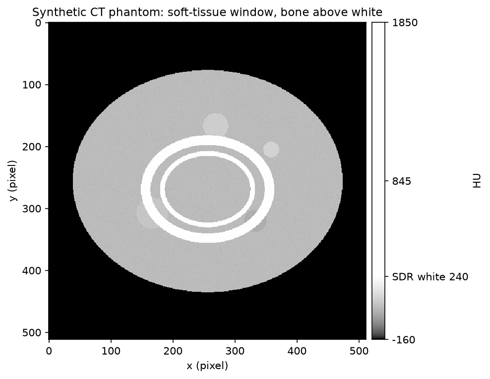 Synthetic CT phantom in a soft-tissue window; the bone ring above the window's top is white in SDR and shows its internal texture in HDR.