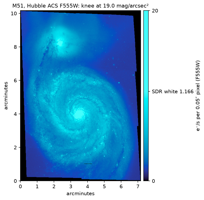 The Whirlpool Galaxy M51 and its companion NGC 5195 in visible light; the nuclei and star clusters are the brightest parts.